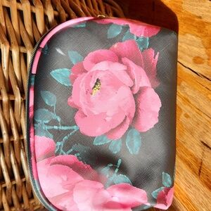 Trina Turk Cosmetic Makeup Bag Floral Black Pink Pouch Zipper